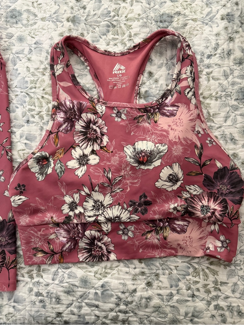 RBX Floral Racerback Sports Bra and shorts - Dusty Rose Size Large